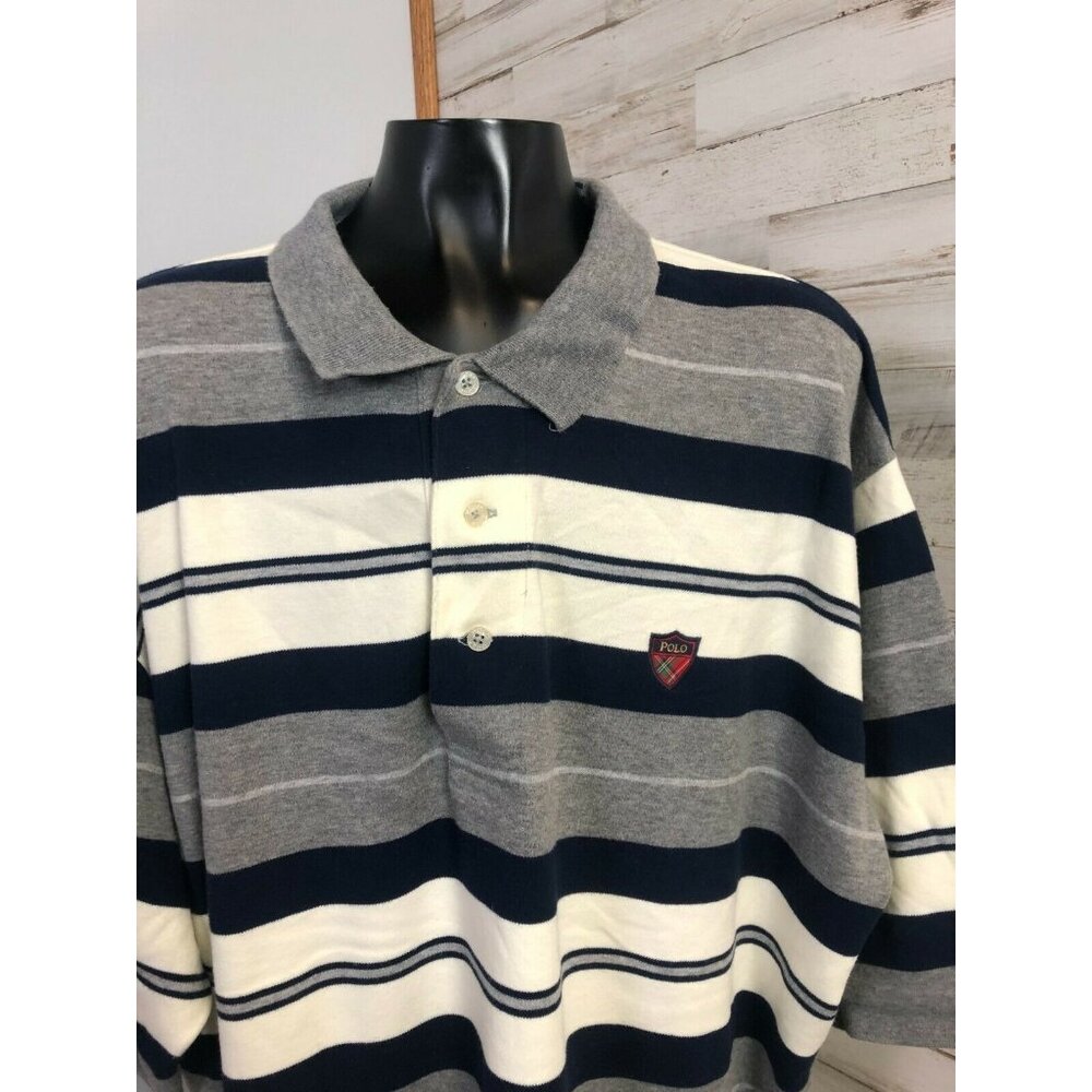 Ralph Lauren Polo Golf Men's Navy/Grey/Cream Striped 100% Cotton Polo Shirt XL - Picture 2 of 5